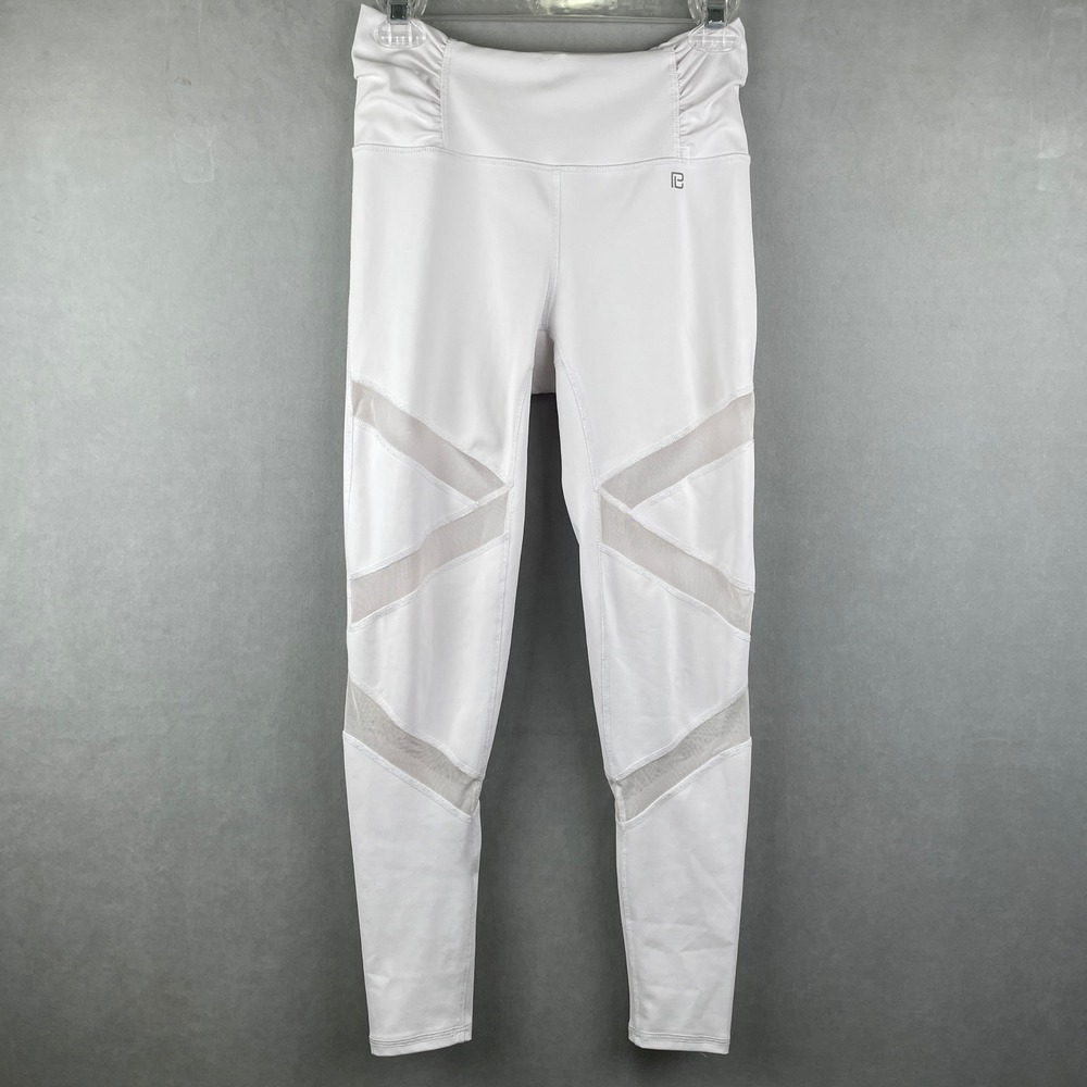 White High Rise Mesh Panel Ruched Waist Yoga Sporty Gym Leggings Wmns M USA Made